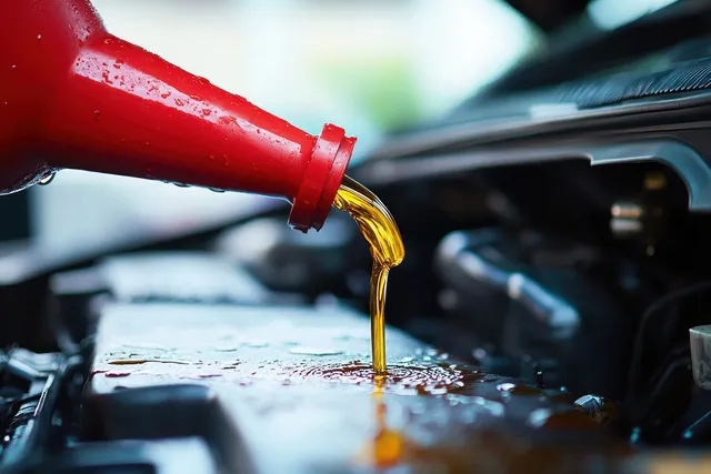 Golden engine oil pours from a red container into a car engine under the hood during an oil change.