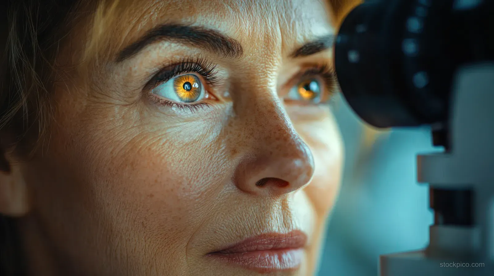 A woman with amber eyes looks through a medical optical instrument during an eye examination in a clinic.