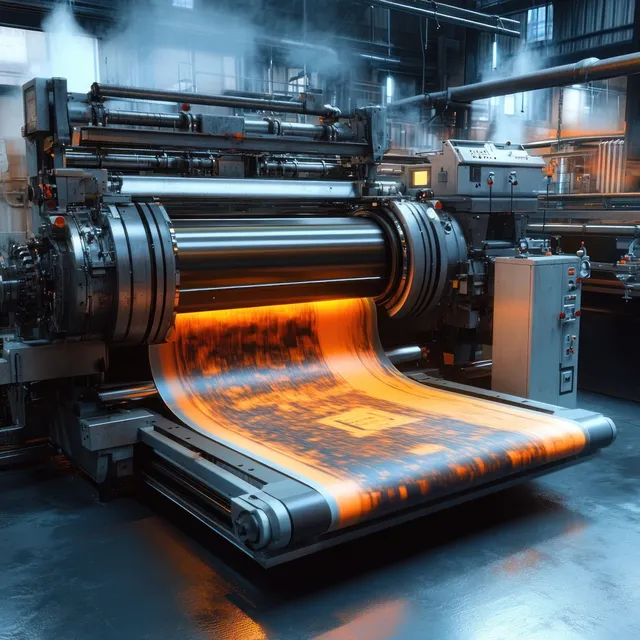 A large industrial printing press rolls orange and black material through the machine in a steamy factory workshop.