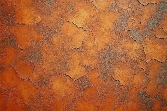 Cracked orange-brown wall surface with peeling paint flakes and rough weathered patches.