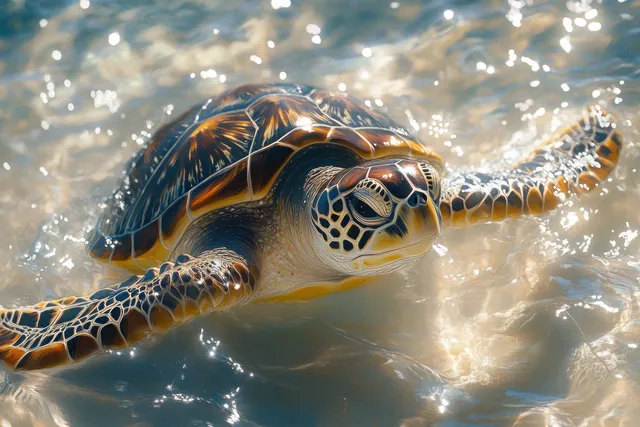Sea turtle glides underwater in blue ocean with dappled sunlight near coral reef