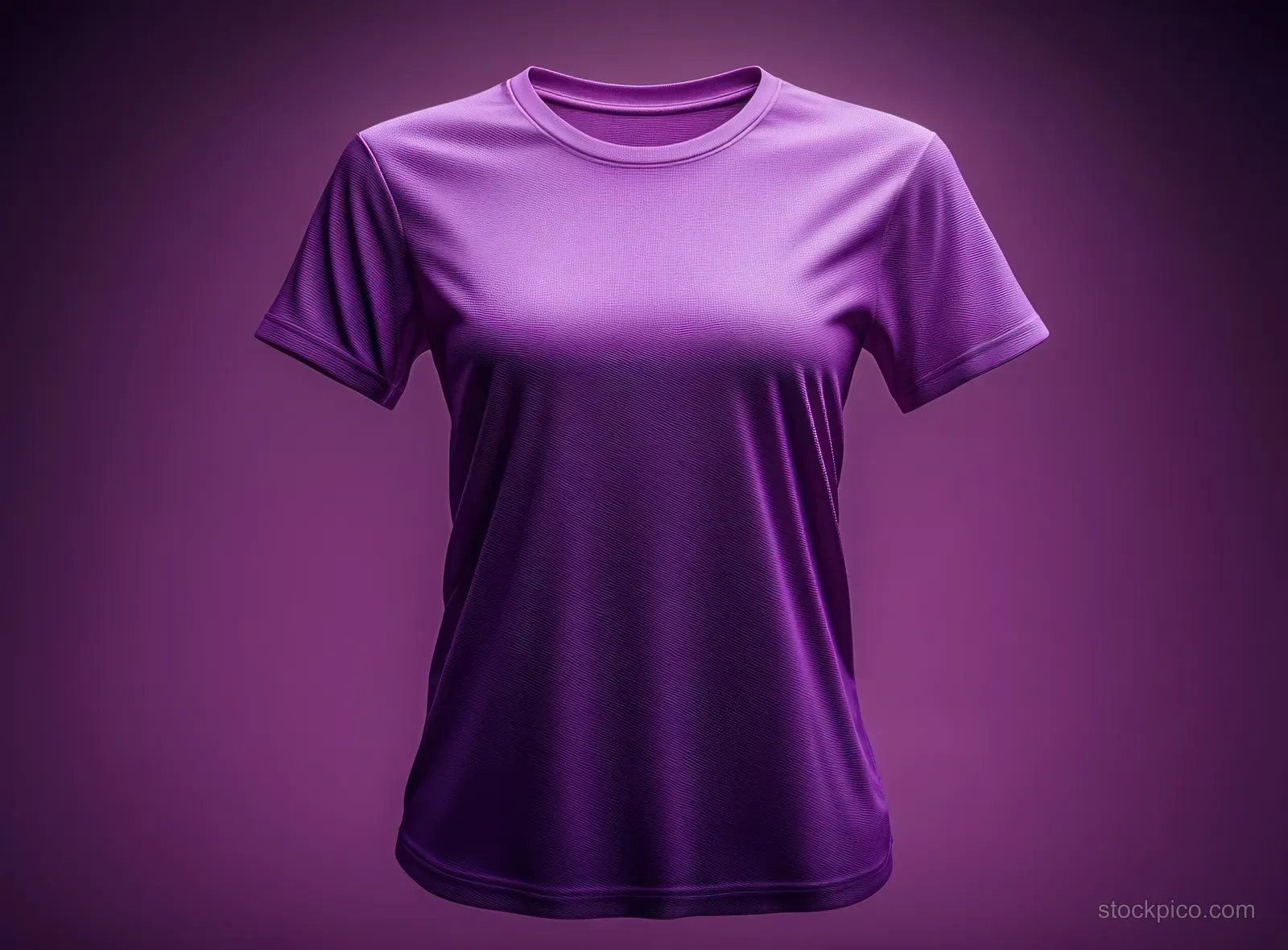 Purple athletic round-neck short-sleeve t-shirt front view against a dark purple studio background.