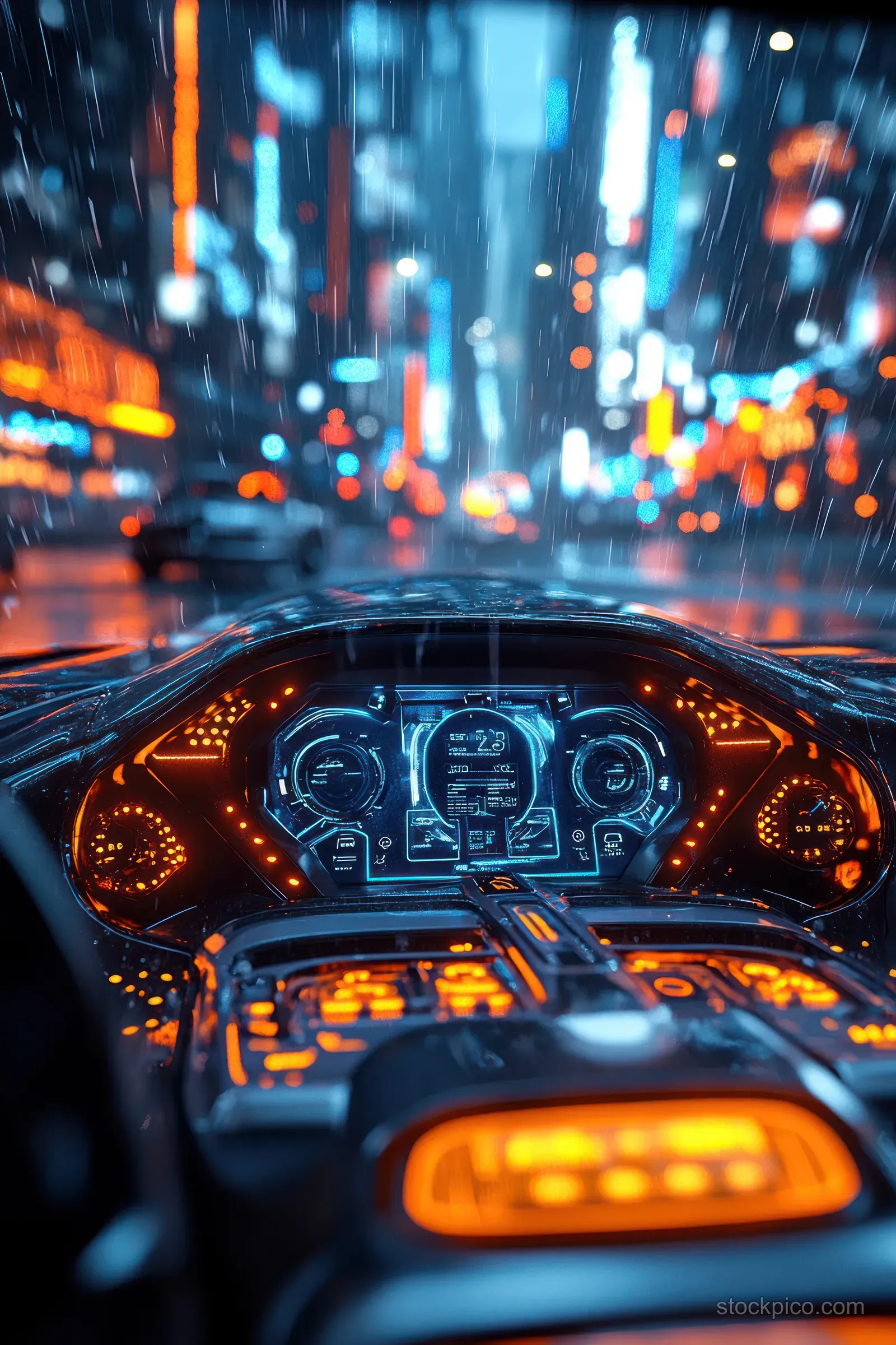 Futuristic car dashboard glows orange and blue as rain blurs neon city lights outside the windshield.