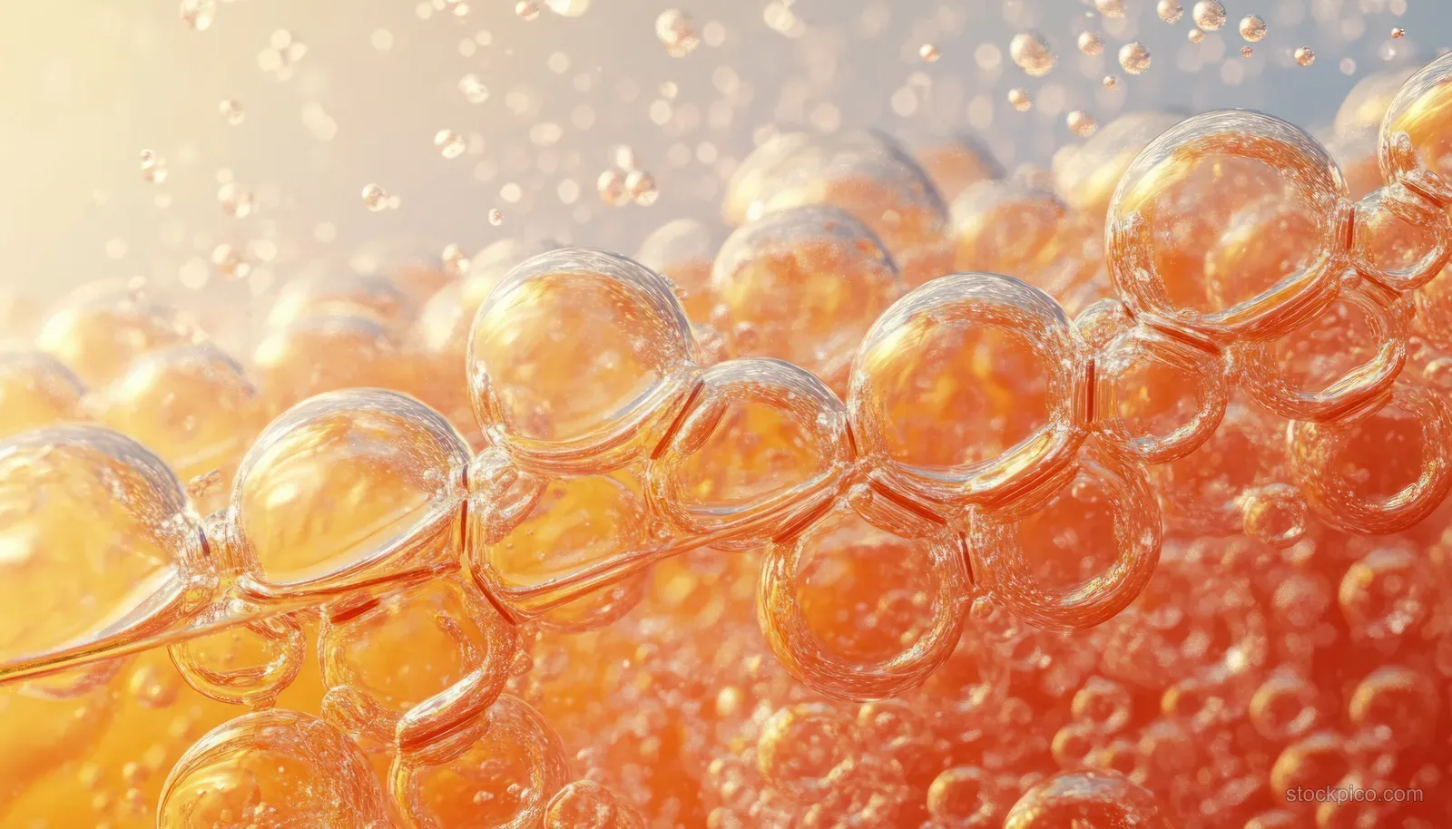 Translucent orange gel surface filled with small rounded bubbles and glowing liquid highlights.