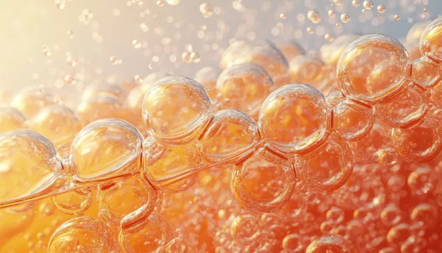 Collagen serum concept with vitamin C droplets and translucent bubbles on warm gel background