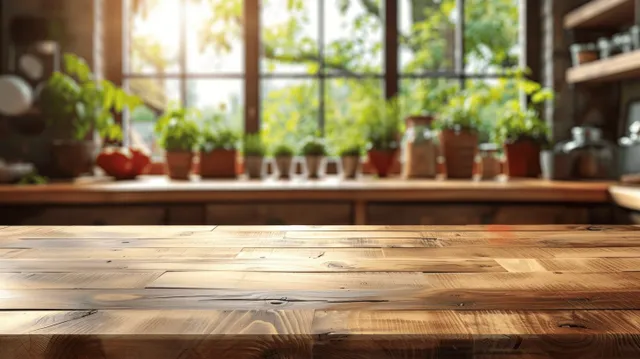 Empty rustic wooden tabletop in a sunlit kitchen, with soft blurred herb shelf beyond