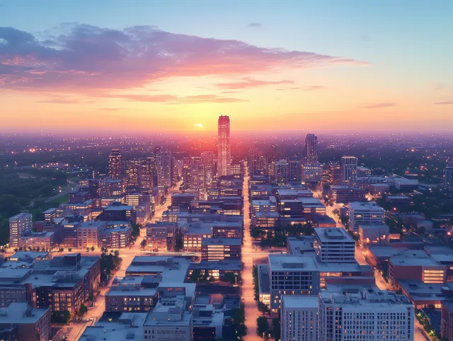 Aerial downtown Lincoln Nebraska cityscape glowing at sunset with long streets and rooftops
