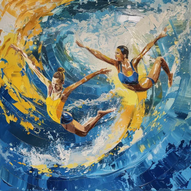 Two artistic swimmers leap through swirling blue and yellow wave patterns with arms extended.