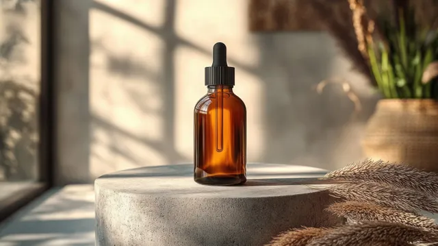 Amber dropper serum bottle standing on a stone pedestal with sunlit grass shadows