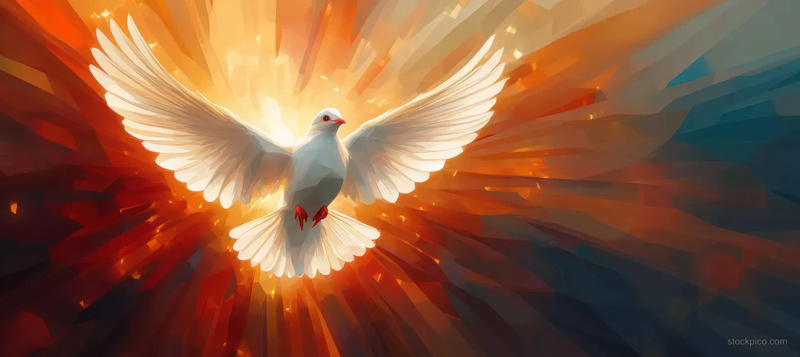 White dove flying upward through radiant light rays with flame-like colors behind it.