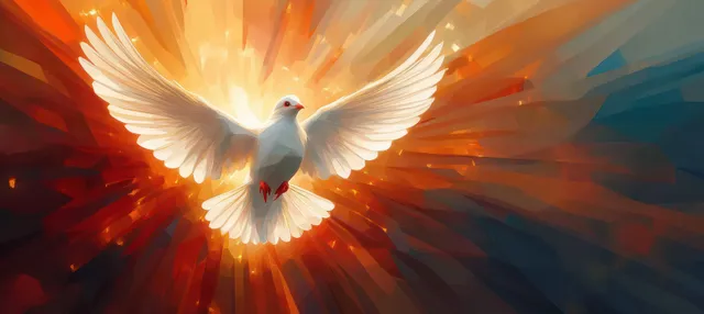 White dove of the Holy Spirit soaring through radiant light beams over flames