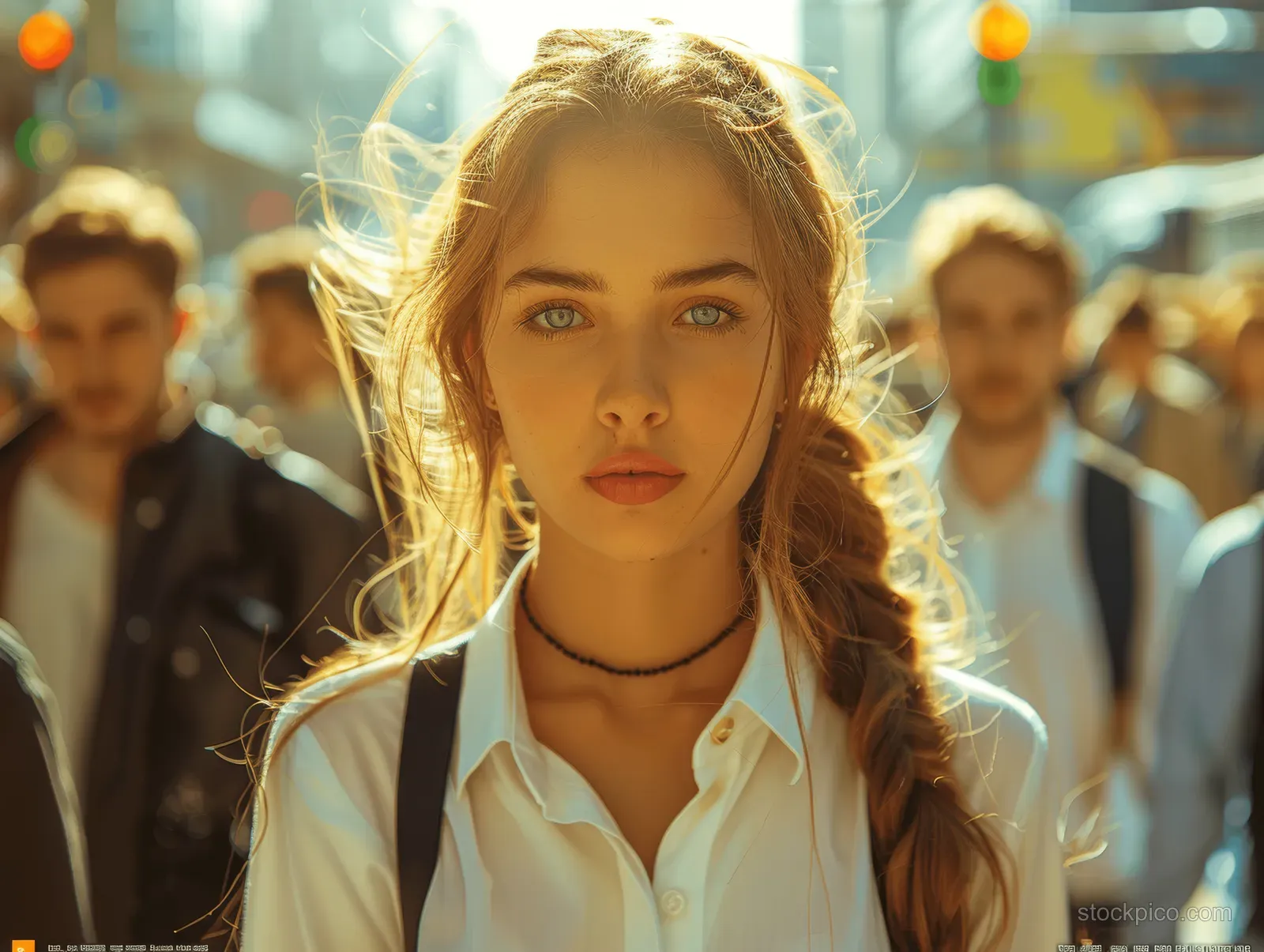 A blonde woman stands forward on a sunny city street while a crowd of men in white shirts and dark pants blur behind her.