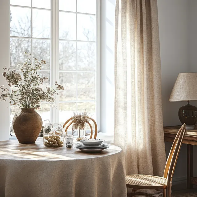 Sunlit dining table with beige tablecloth, stacked plates, dried flower vase, and sheer-curtain window light.