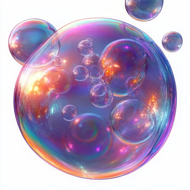 Colorful transparent bubbles floating with iridescent reflections on a white background