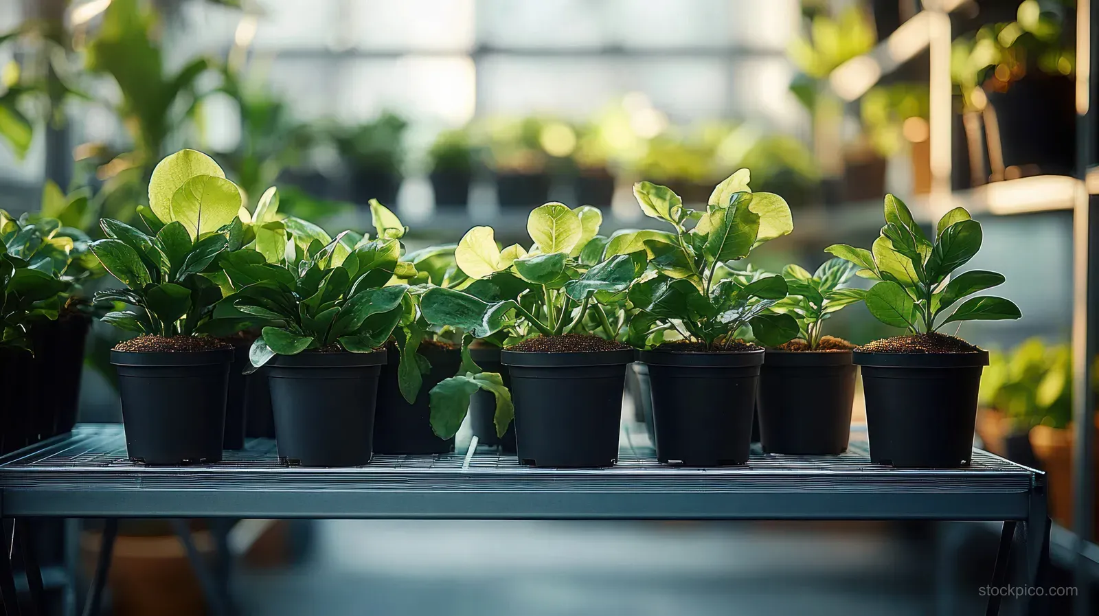 Small green seedlings in black pots lined up on a metal shelf in a bright greenhouse.