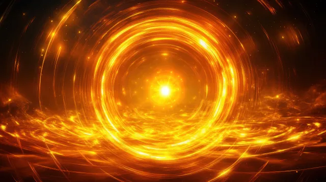 A golden glowing circular vortex emits swirling light rays and sparkling particles in a dark background.