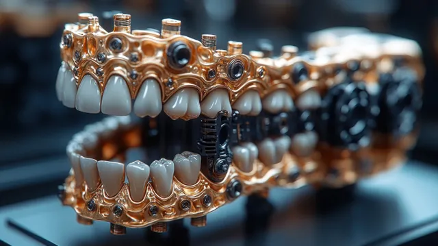 Gold dental articulator holding a set of teeth models on a dark studio tabletop under focused lighting.