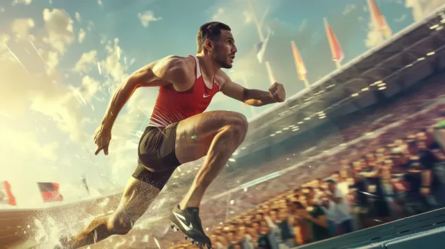 Decathlon athlete sprints along track in Germany stadium, explosive start captured mid-stride