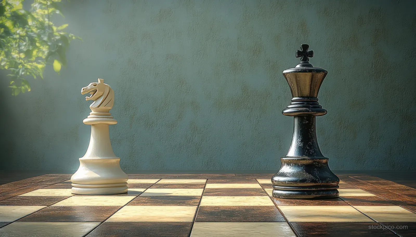 A white knight and black king chess piece face each other on a wooden chessboard under soft lighting.