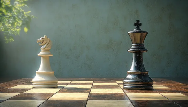 King and knight chess pieces facing off on a wooden board with soft dramatic light