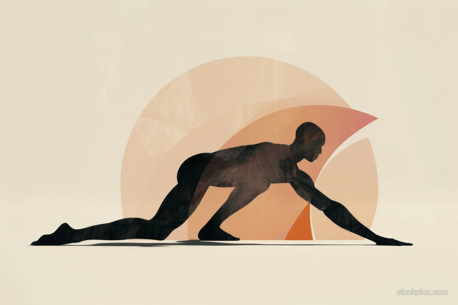 Minimalist illustration of a male gymnast stretching on the floor with warm geometric circle background.