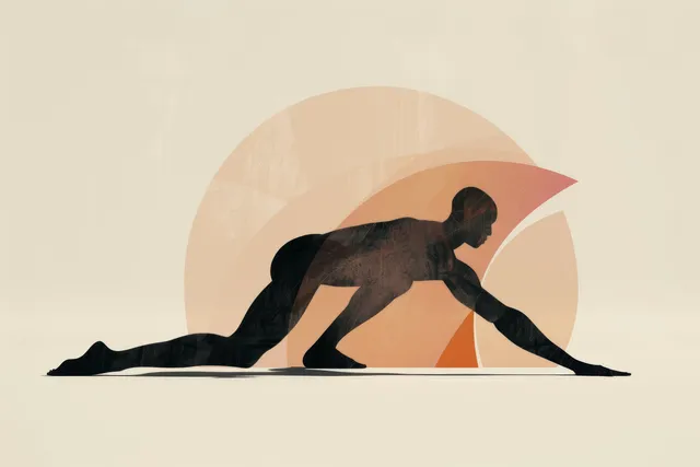 Minimalist illustration of a male gymnast stretching on the floor with warm geometric circle background.