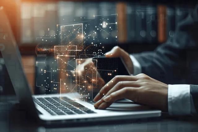 A person uses a laptop with floating learning icons and data nodes in a remote study setting.