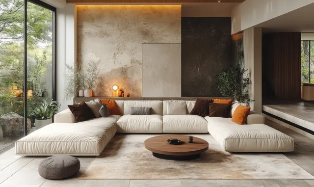 Minimalist living room interior featuring a beige sectional sofa, round coffee table, warm lights, and large windows.