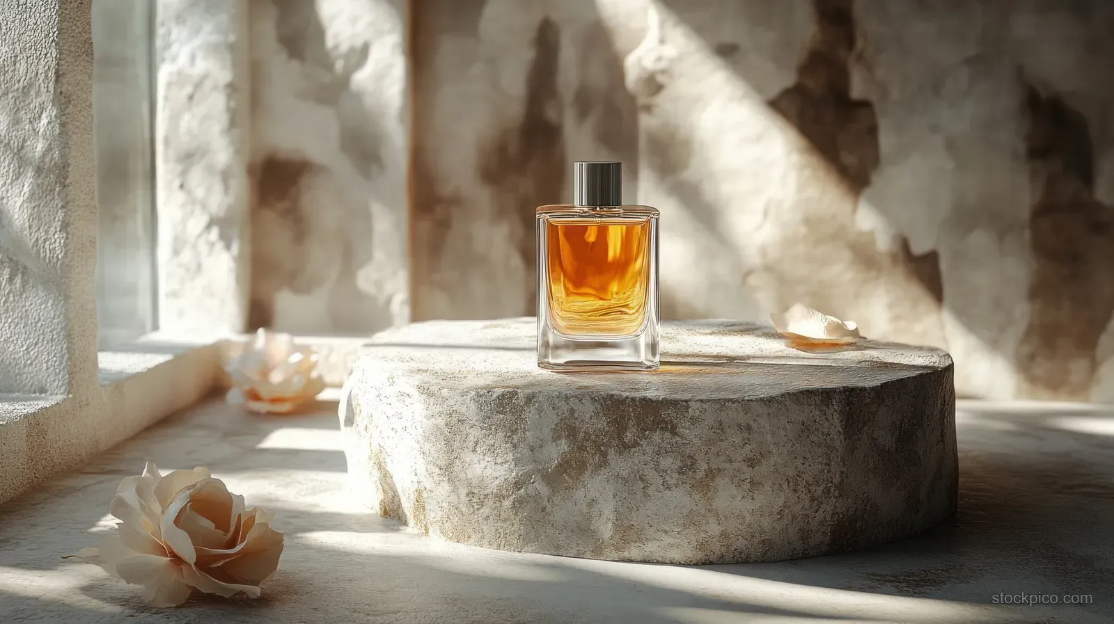 Black perfume bottle on a textured concrete pedestal under soft light with dramatic shadows and warm highlights.