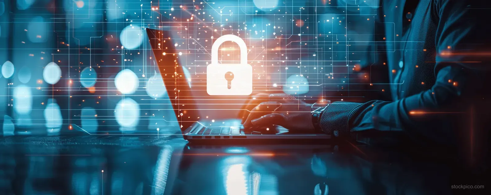 Businessman typing on a laptop with a smartphone display and digital padlock icon over a secure network interface.