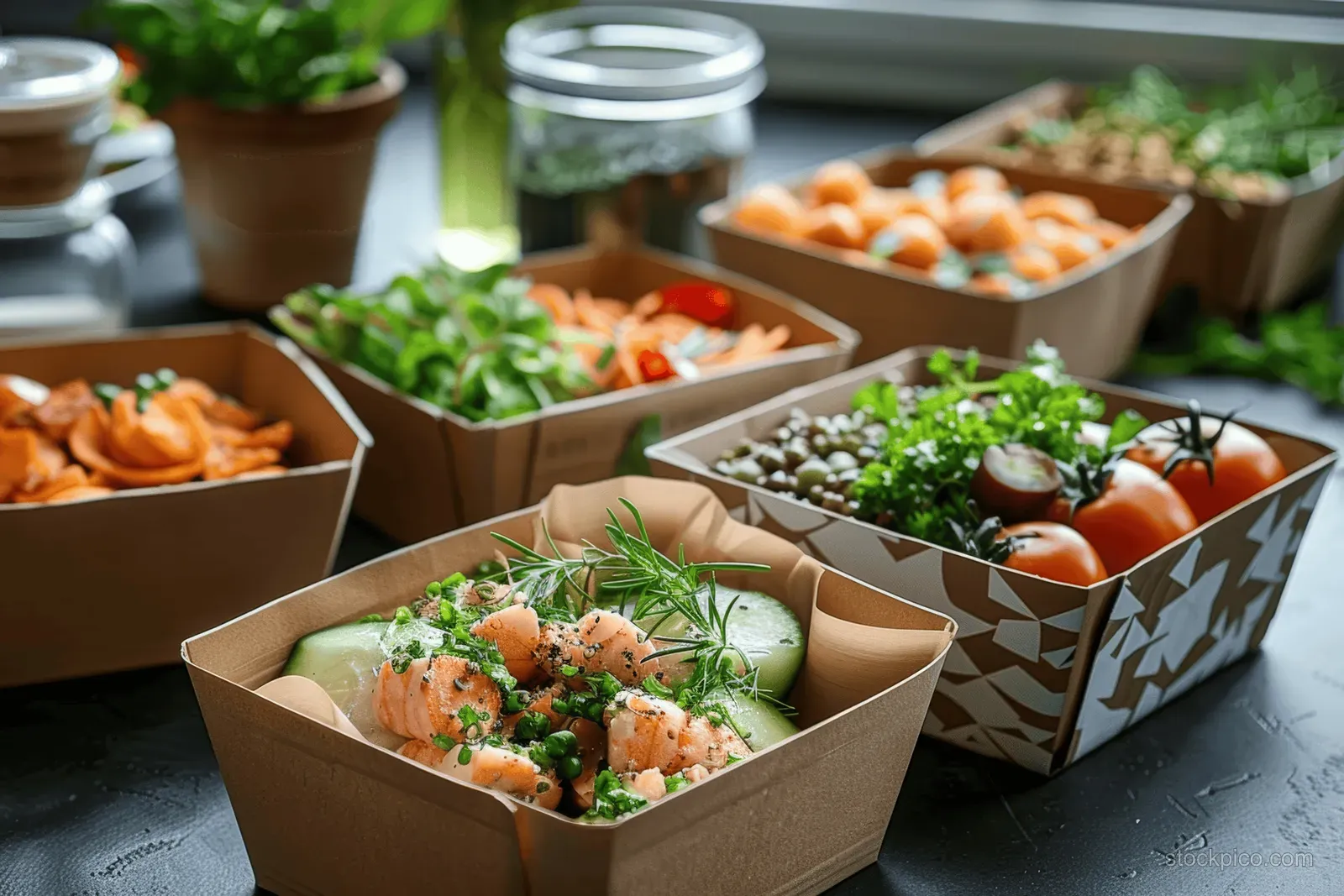 Organic meals in recyclable paper and cardboard containers displayed on a kitchen table, emphasizing eco-friendly packaging.