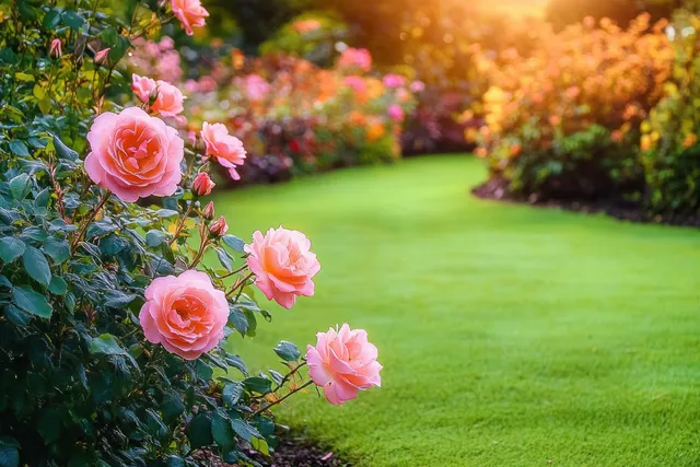 Pink rose blossoms frame a curved green lawn path beside colorful flower beds under warm sunlight.