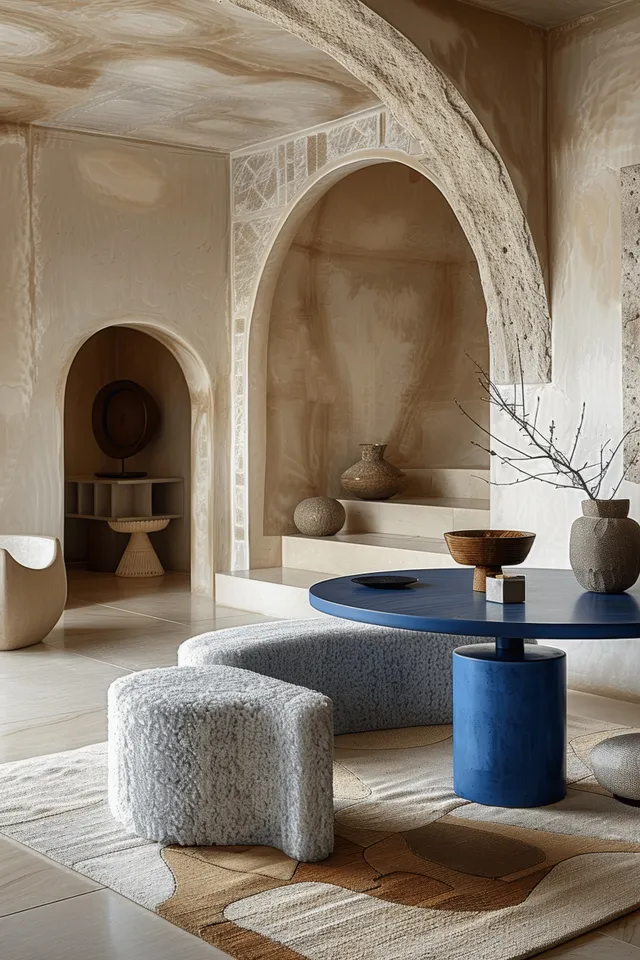 Minimal living room interior with pastel blue stucco walls, arched niches, and round seating around a low table.