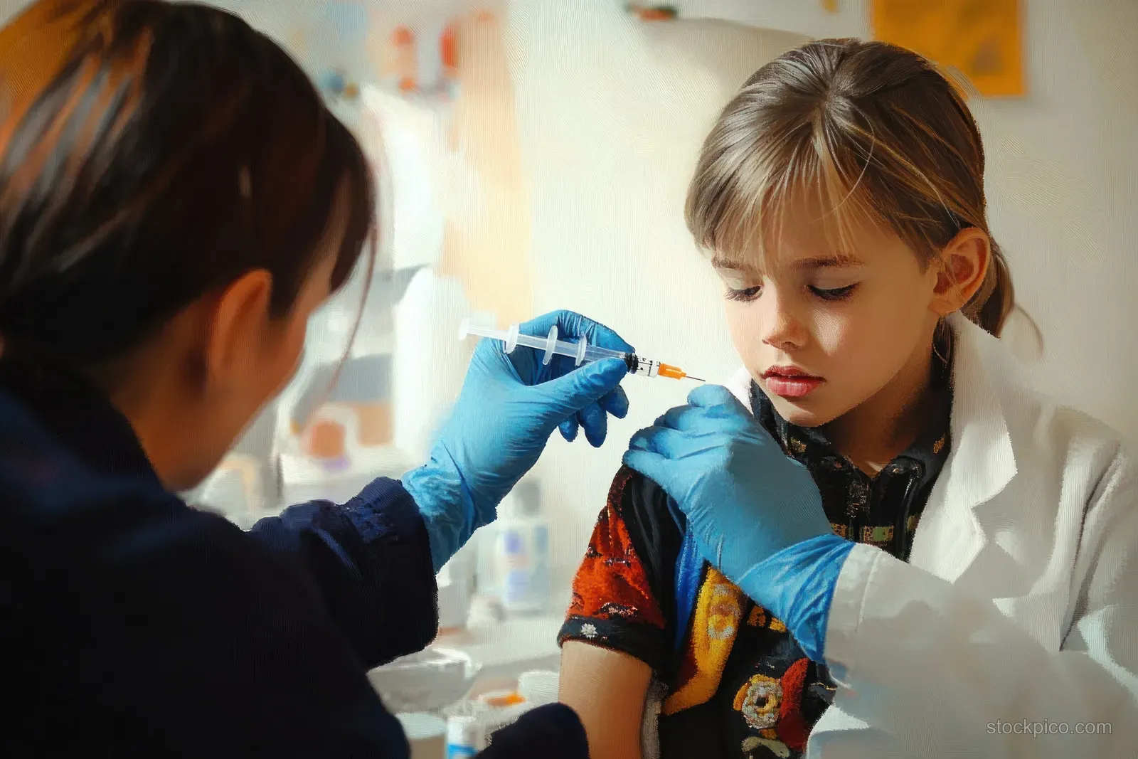 A nurse wearing blue gloves administers an oral rotavirus vaccine to an infant in a pediatric clinic.