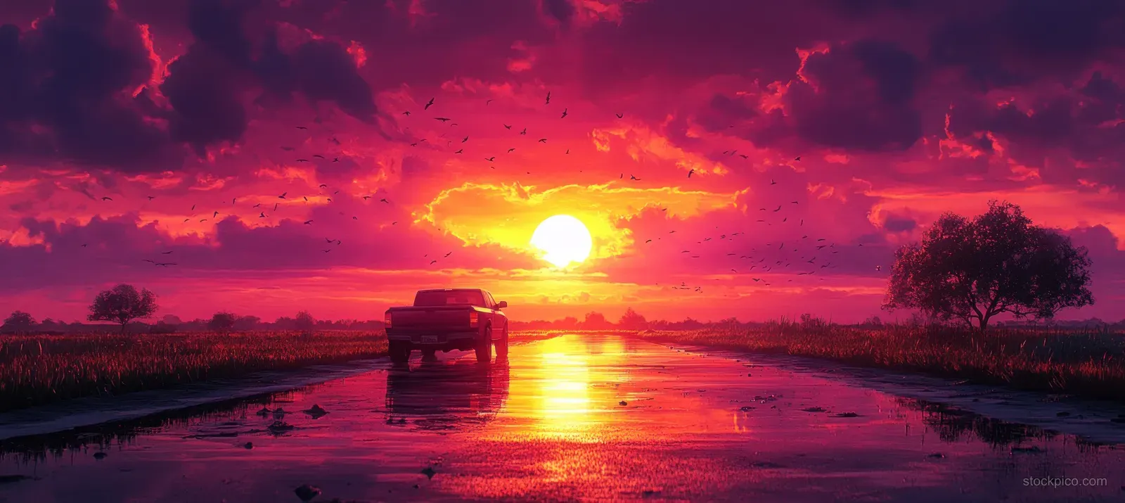 A freight truck moves on a wet highway during sunset as the orange sun reflects on the road.