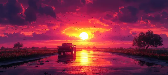 A freight truck moves on a wet highway during sunset as the orange sun reflects on the road.