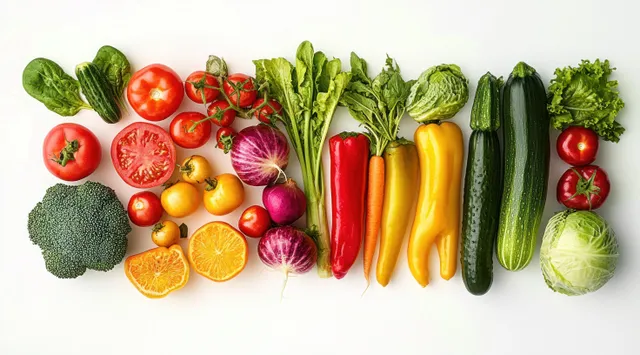Fresh Summer Vegetables Arranged in a Colorful Flat Lay on White