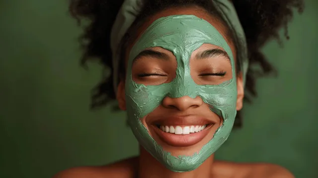 Smiling African American woman wearing green clay mask and headband in dark green spa portrait