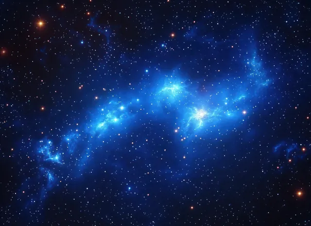 A glowing blue nebula with tiny stars fills the dark space background.