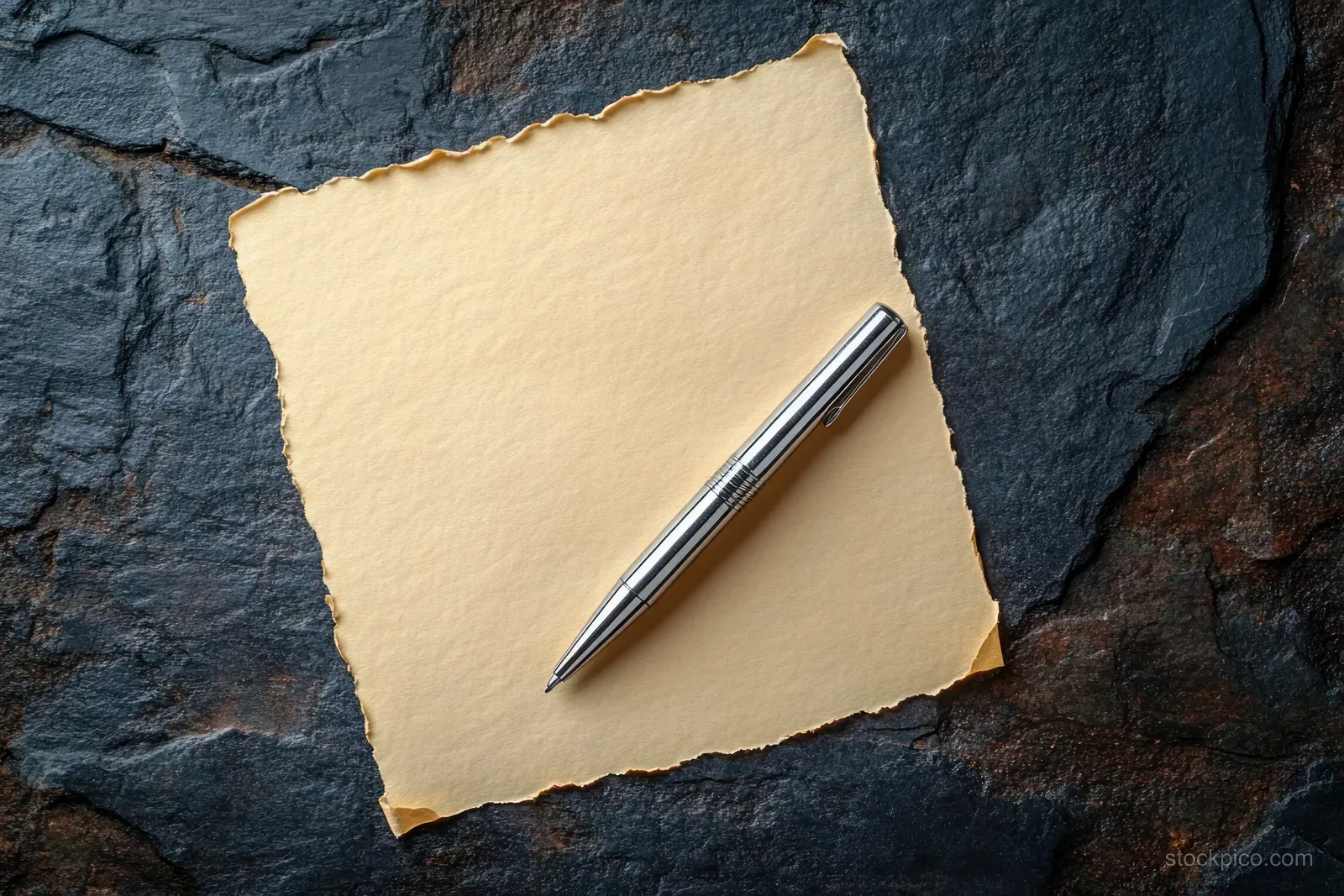 Silver metallic pen rests diagonally on an aged square yellow paper scrap with rough edges over dark textured stone.