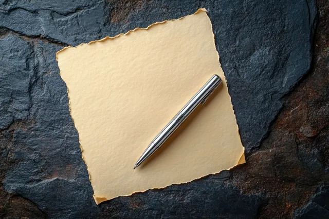 Silver metallic pen rests diagonally on an aged square yellow paper scrap with rough edges over dark textured stone.