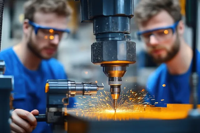 Workshop trainees drilling a metal part on a machine while orange sparks scatter near the bit.