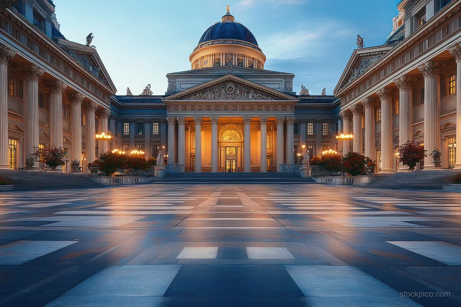 Warm-lit neoclassical federal palace in Bern at dusk, centered dome and symmetrical colonnade across a paved plaza.
