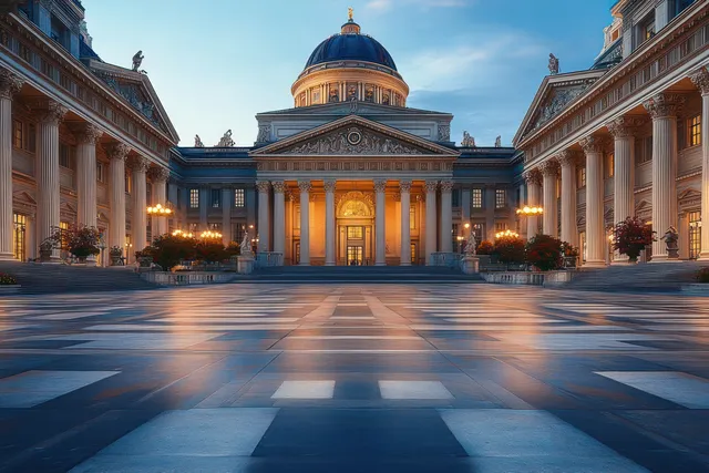 Warm-lit neoclassical federal palace in Bern at dusk, centered dome and symmetrical colonnade across a paved plaza.