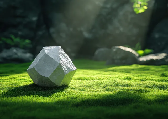 Faceted geometric stone-like object resting on vivid green grass under natural sun shadows
