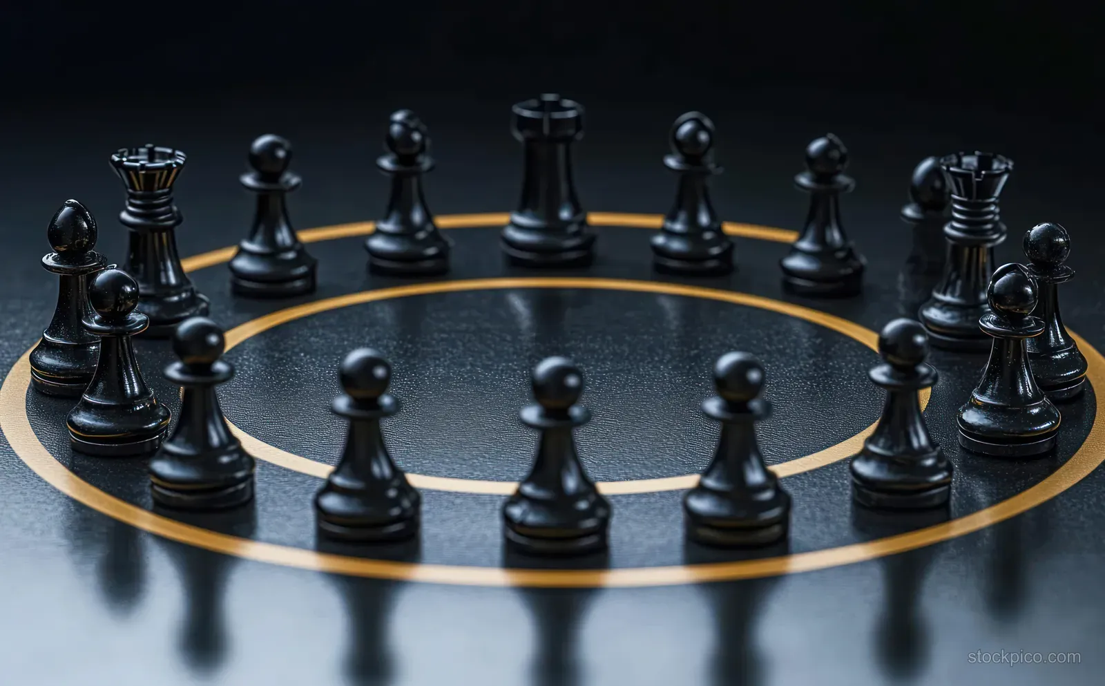 Black chess pieces form a ring around a gold circle on a dark tabletop.