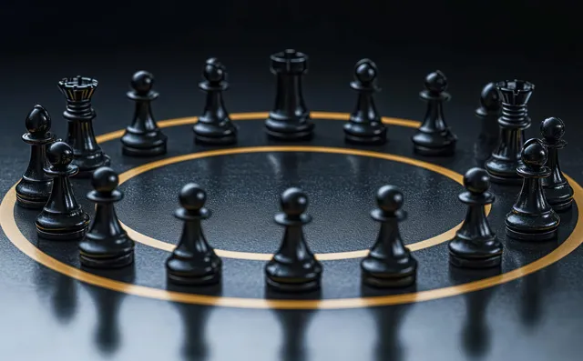 Black chess pieces form a ring around a gold circle on a dark tabletop.