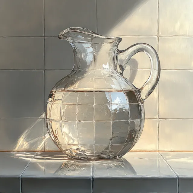 Clear glass water jug with a handle and detailed reflections sitting against a light tiled background.