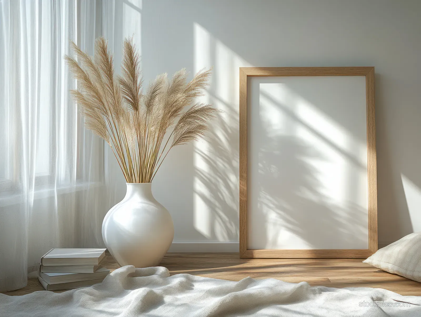 White vase with dried grass sits next to an empty wooden picture frame and stacked books on a softly lit bed.