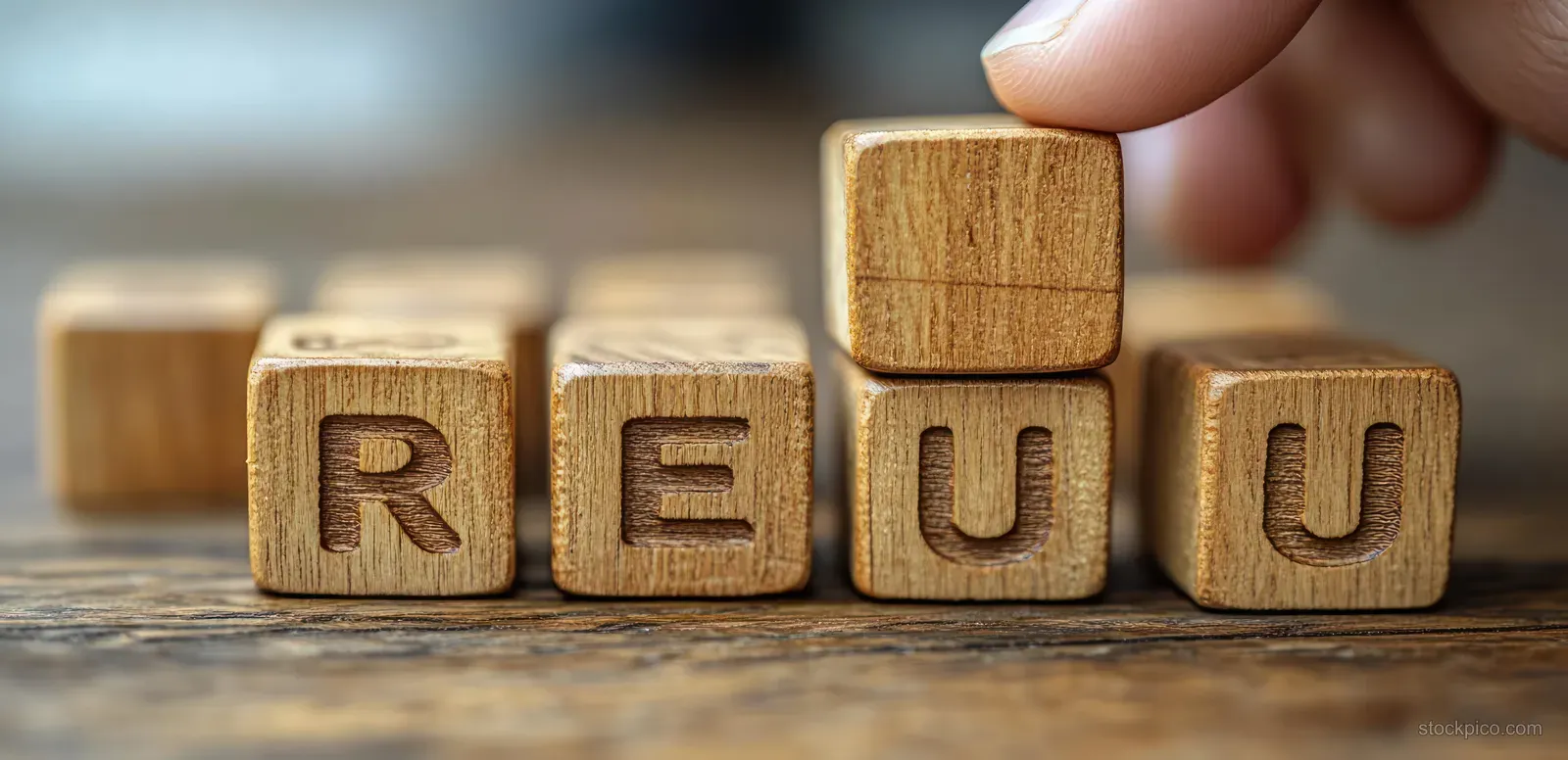 A hand shifts wooden letter blocks on a tabletop as the word changes from ENEMY toward FRIEND.